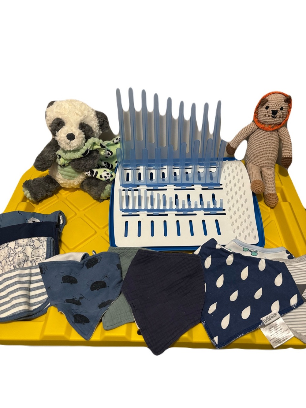 Infant/Baby Bundle - Bottle Rack, Rattle Toys, Burp Cloths & Bibs - 100% Cotton